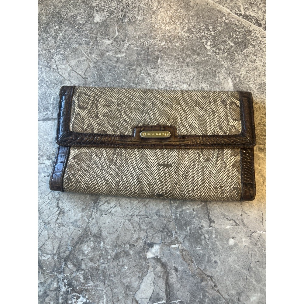 Brahmin Leather Wallet Clutch Brown Snake Embossed Tri Fold